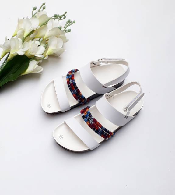 SB ~ SANDAL BIRKEN WANITA TALI TENUN PUTIH ETNIC