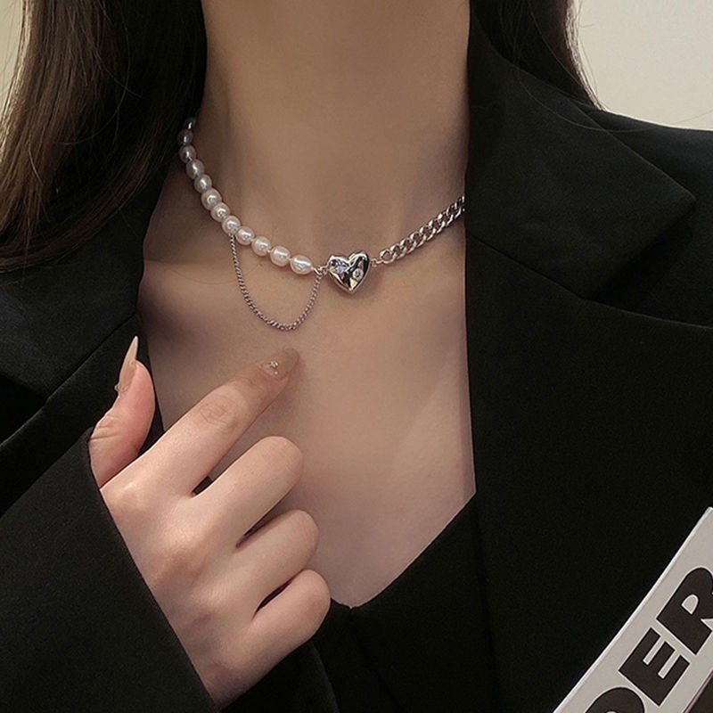 IFYOU Fashion Pearl Silver Necklace Crystal Heart Pendant Necklace Chain Choker Women Jewelry Accessories