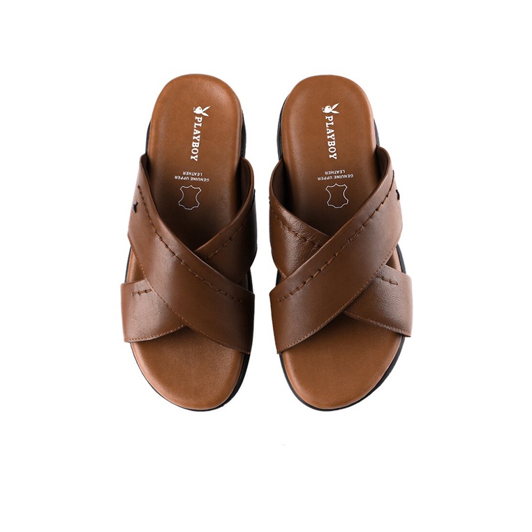 SANDAL SLIDE KULIT PLAYBOY PRIA ORIGINAL CASUAL BRANDED COKLAT PL31