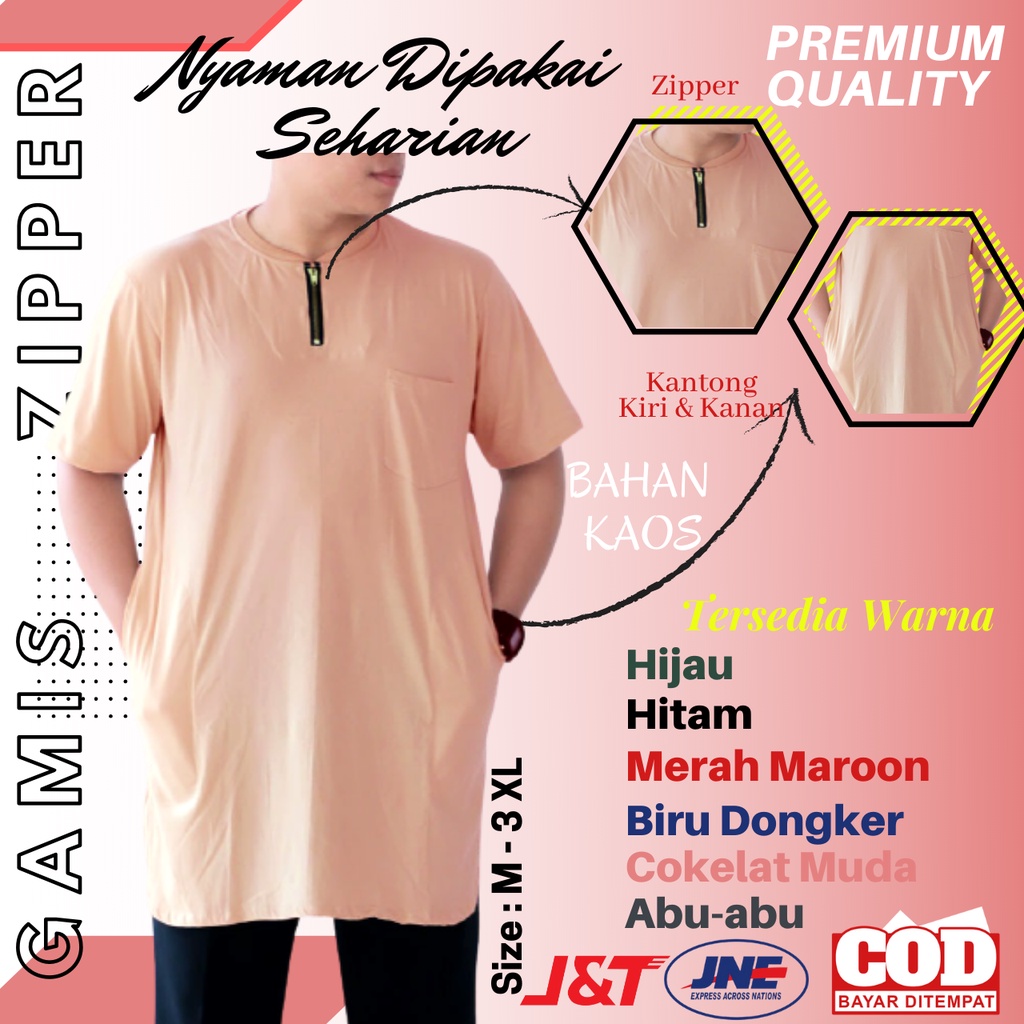 Baju Gamis Kaos AHAD Zipper Kurta Lengan Pendek Pria  Laki  Laki Dewasa Cokelat Muda