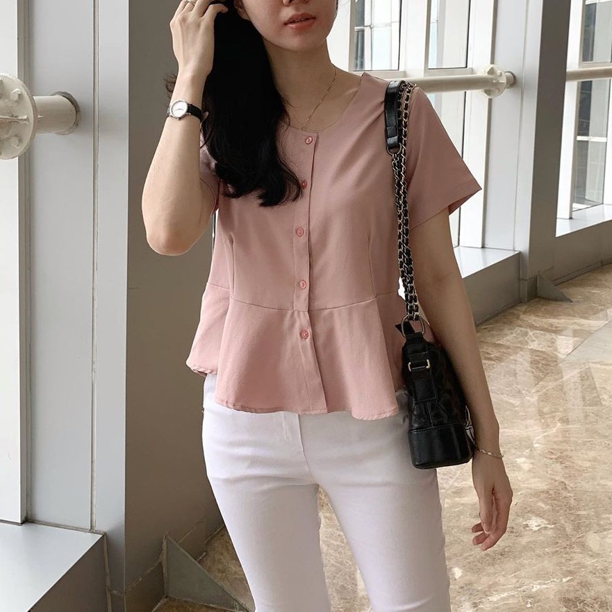 8FA - 716 SABRINA Blus Korean Pendek / Model Blouse Wanita Leher V  Moscrape 3 Warna Kekinian-Pich