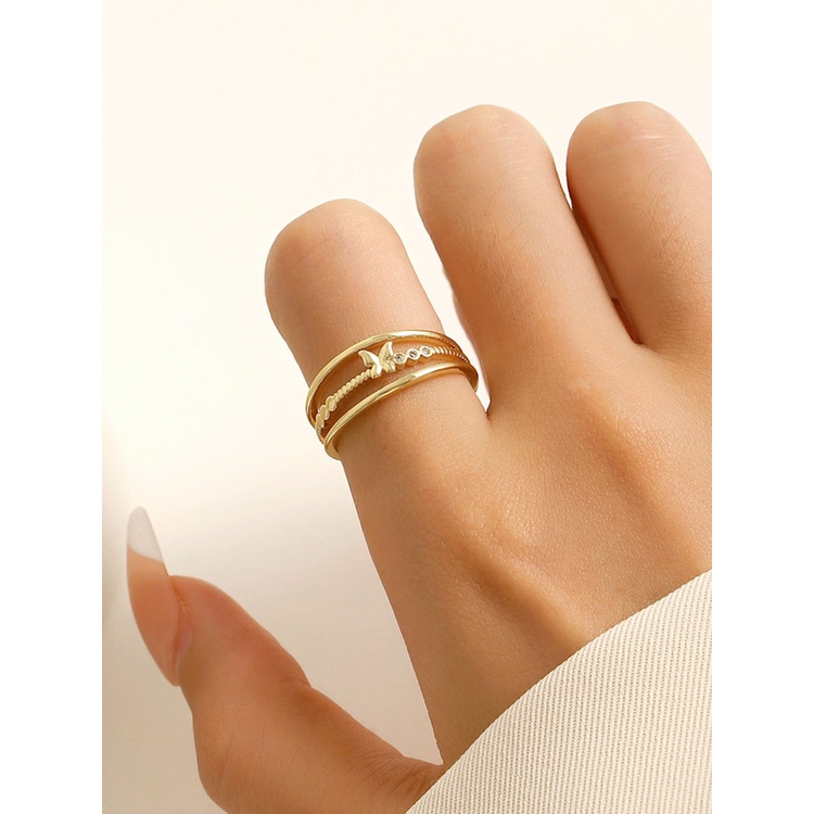 Cincin Jari Telunjuk Model Terbuka Tiga Lapis Desain Kupu-Kupu Geometris Bahan Logam Untuk Wanita