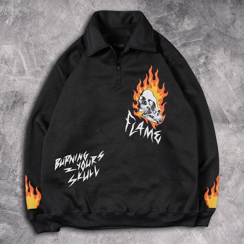 [N00943] Jaket Sweater Rugby Motif BURNING YOUR SKULL