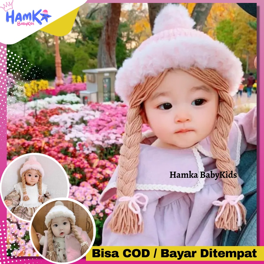 Topi Rajut Bayi Perempuan Rambut Kepang Palsu Bayi Perempuan Import Korea Baby Hat Model Snow