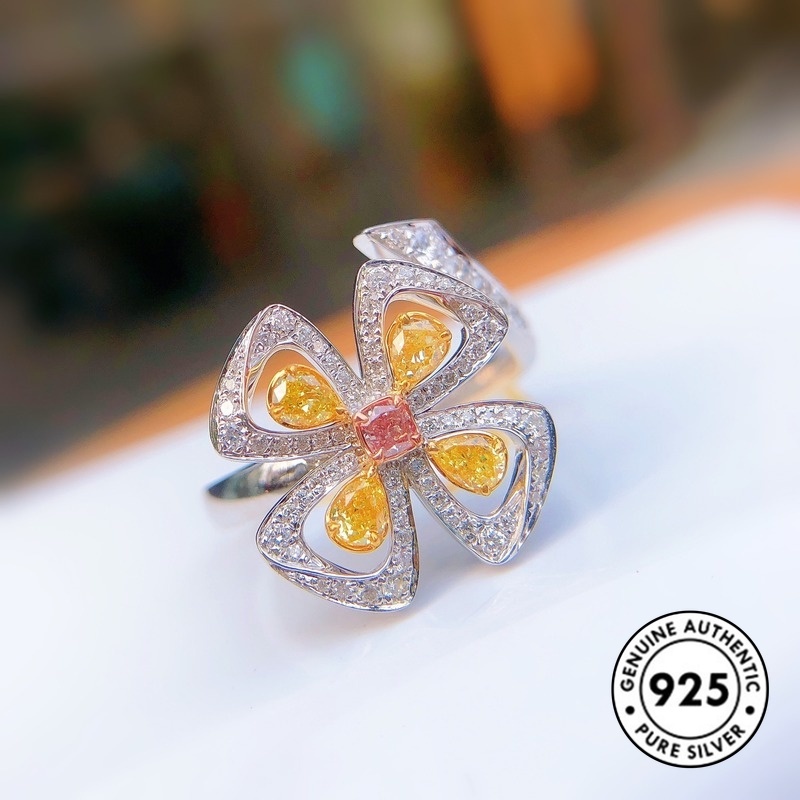 Cincin Sterling Silver 925 Model Clover Dengan Berlian Kuning Untuk Wanita