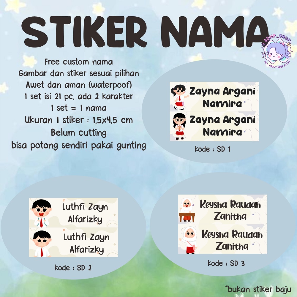 Stiker label nama custom request buku anak perempuan sd laki laki pria muslim