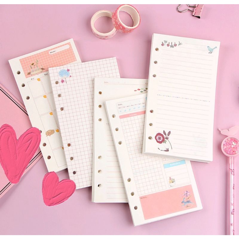 

10 Lembar Loose Leaf Super Cute Tebal 100 GSM , A6 Ring 6 Motif Bulak Balik