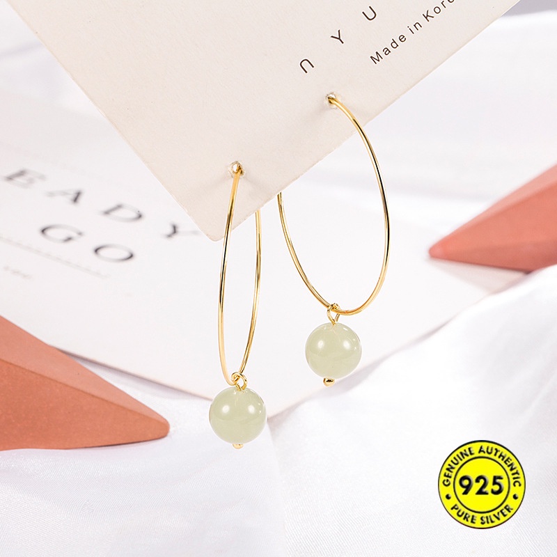 Anting Tusuk Retro Simple Anti Air / Alergi 18K Dengan Batu Giok Untuk Wanita