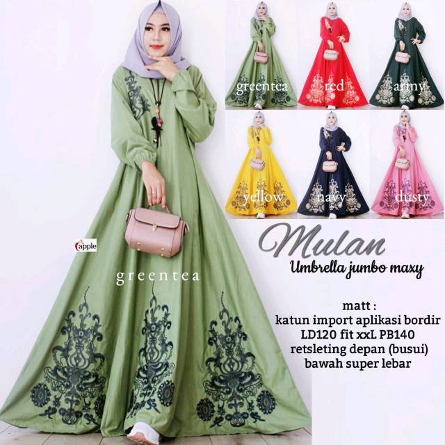 GAMIS JUMBO MULAN, BAHAN KATUN IMPORT + BORDIR ASLI, LD.120 PB.140 FIT TO XXL, BUSUI, BAWAH UMBRELLA