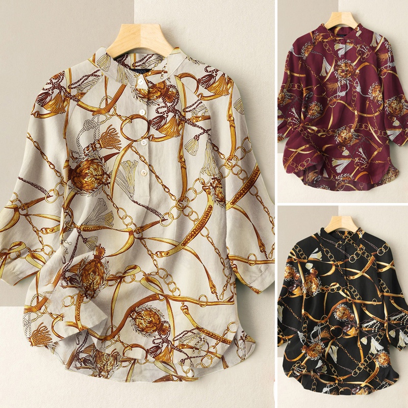 ZANZEA Womens Fashion Casual O Neck Chains Printed Daily Loose Blouse