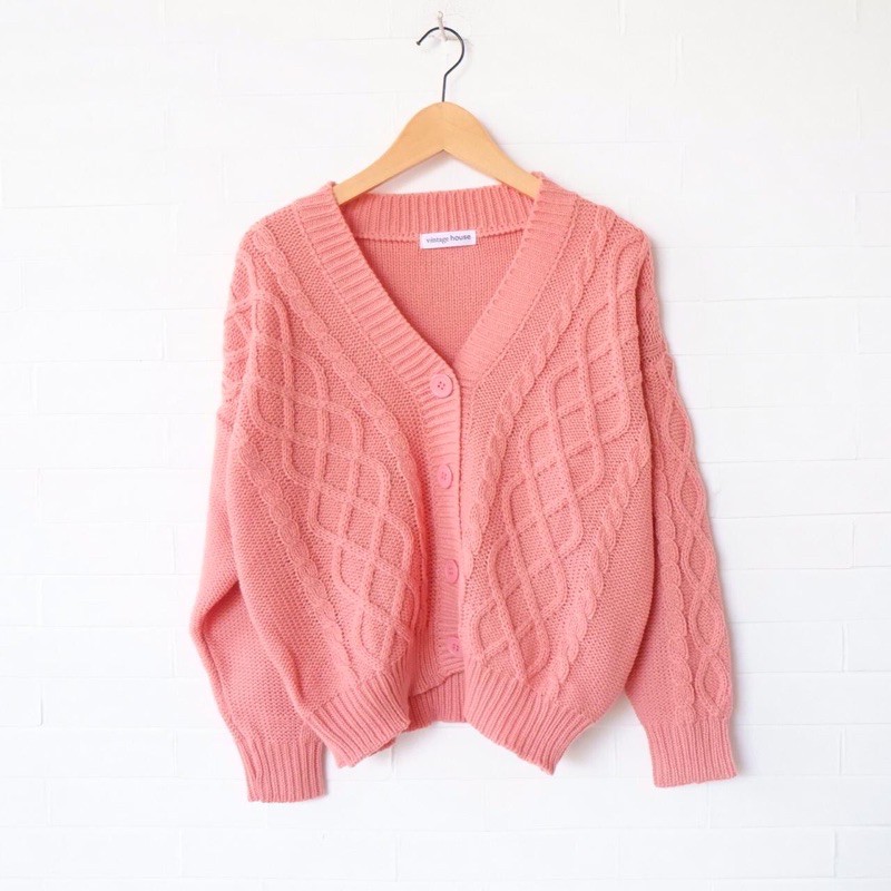 Vintage House Cross Crop Cardi (Cardigan Rajut Cable Wanita Korea / Korean Cardigan)-Coral