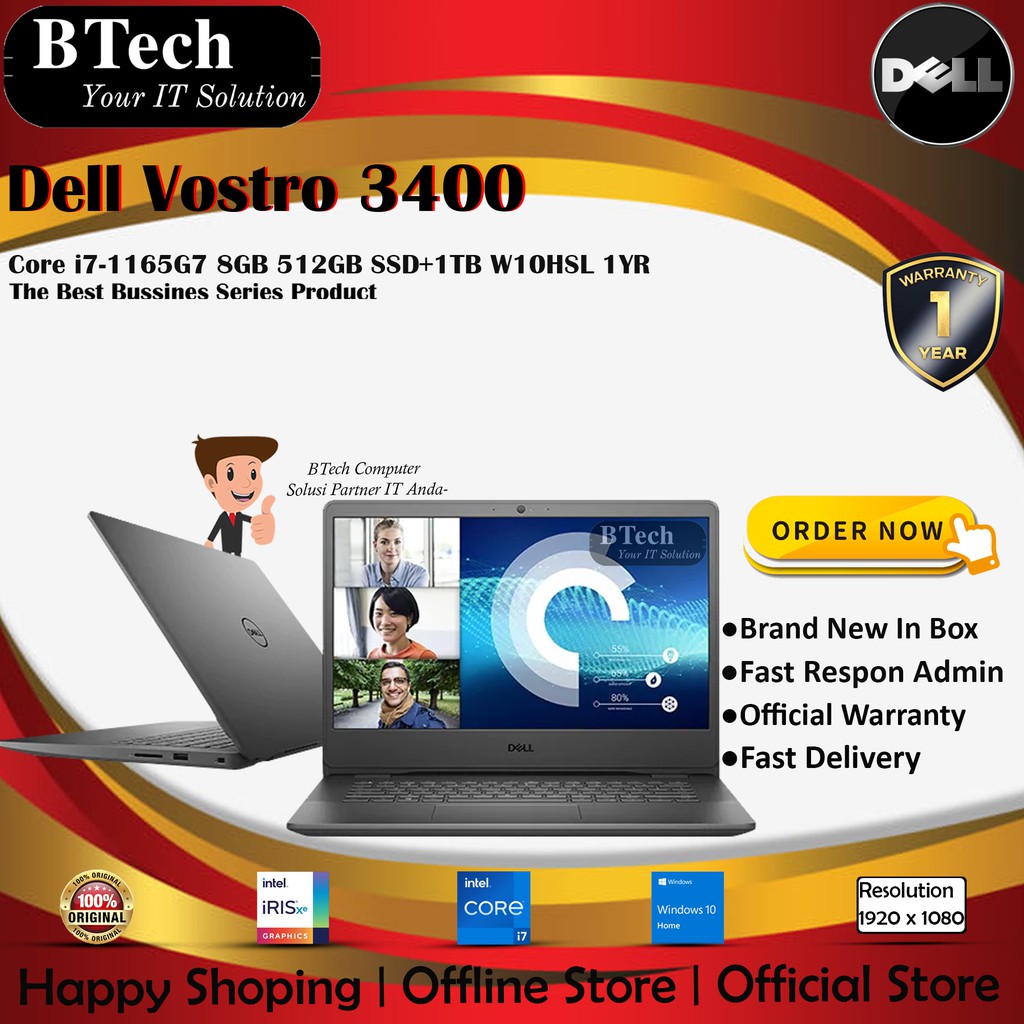 DELL Vostro 3400 14" Intel Core i7-1165G7 8GB 512GB SSD+1TB W10HSL 1YR