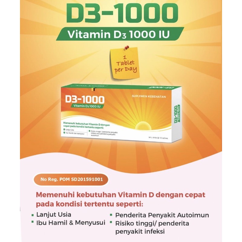 D3-1000 strip 10 tablet ( vitamin D3 1000 IU memenuhi kebutuhan vitamin D dewasa )