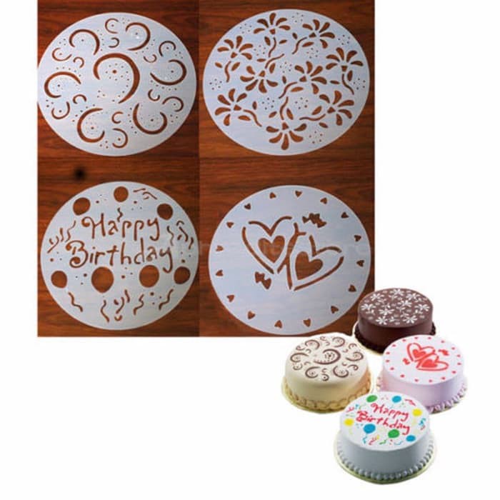 stensil template desain hiasan kue tart 4 pcs birthday cake