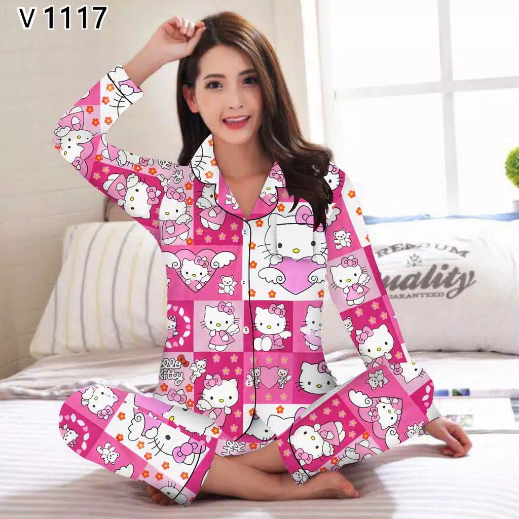JNV Piyama PP Wanita Motif Karakter Kartun 02 - Baju Tidur Lengan Panjang - Bahan Katun-HK Kotak Mini Pink