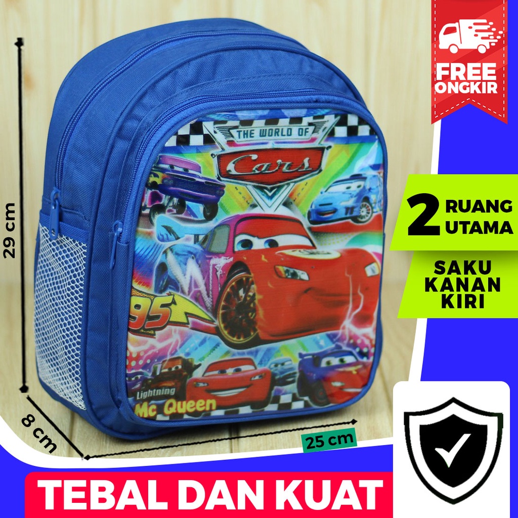 Tas Gendong Anak Laki Laki PAUD Motif Cars Biru Bahan Polyester Tebal Kuat Berkualitas