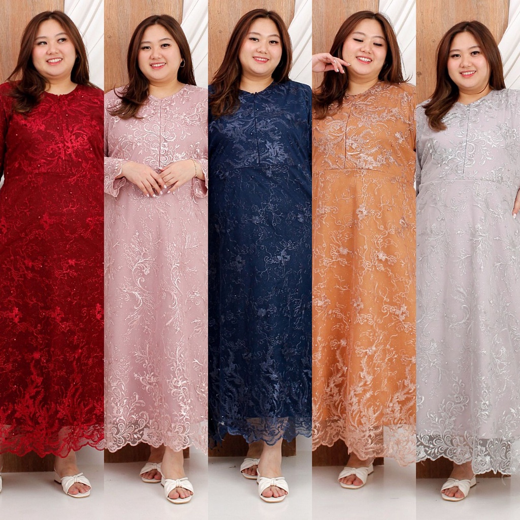 (FULL BRUKAT) GAMIS SARAH TILE JUMBO BIGSIZE XXL - XXXL MAXI DRESS LEBARAN DRES IDUL FITRI KONDANGAN PESTA MURAH BROKAT TILLE TULLE