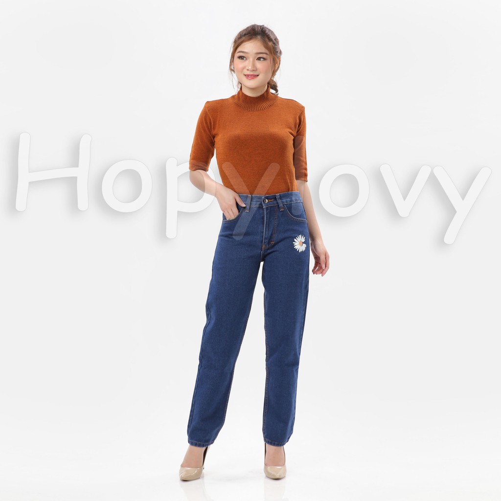 HOPYLOVY Celana Boyfriend Jeans Wanita Ellin Daisy Flower Print