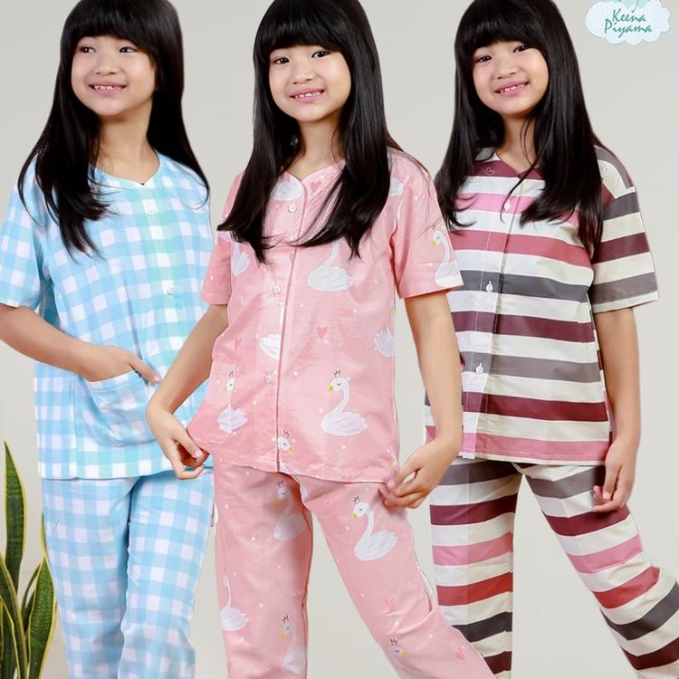 ✬ Set Baju Tidur/Piyama Anak Perempuan Laki Laki Katun Kerah Y Motif Garis Kotak Usia 1-15 Tahun ✪