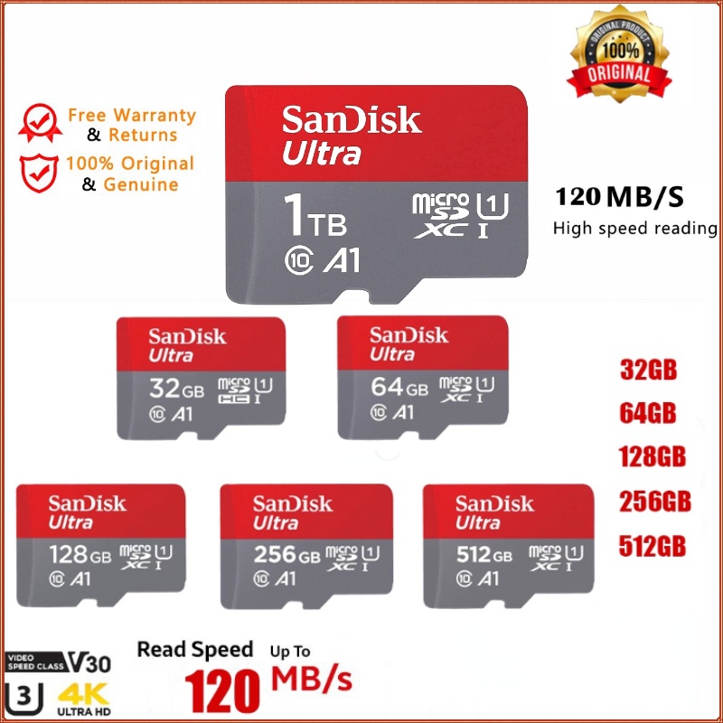 100% ORI SanDisk Kartu memori 32/64/128/256/512GB KELAS 10 Kartu memori MicroSD 100Mbps Kartu Micro 