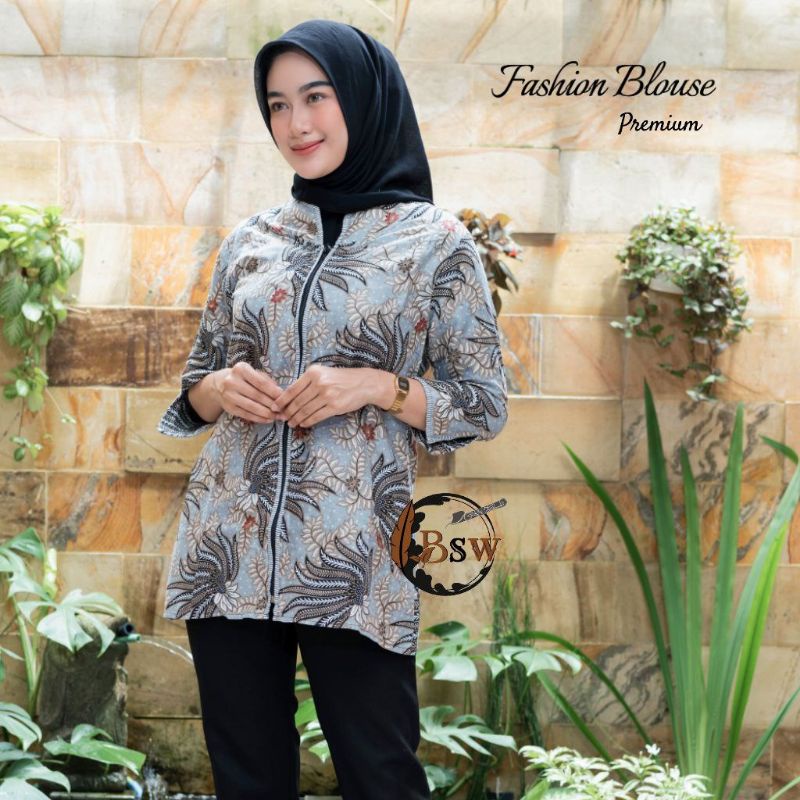 tey-17 Batik wanita ASJ SA HRB026 Kenongo Kemeja Tosca Pendek-Z Pisang Abu