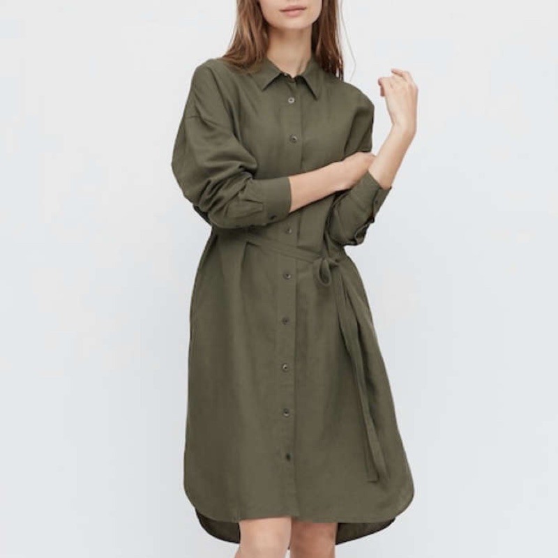 [BARU] UNIQLO DISKON Women Gaun Kemeja Linen Blend Lengan Panjang Size M