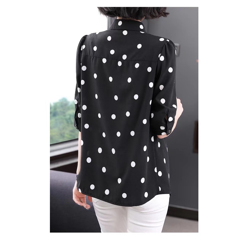 【Ready Stock】L-5XL Kemeja Wanita Sifon Lengan 3/4 Polka Dot Collared Putih Hitam Kasual Longgar Atasan Women Shirt