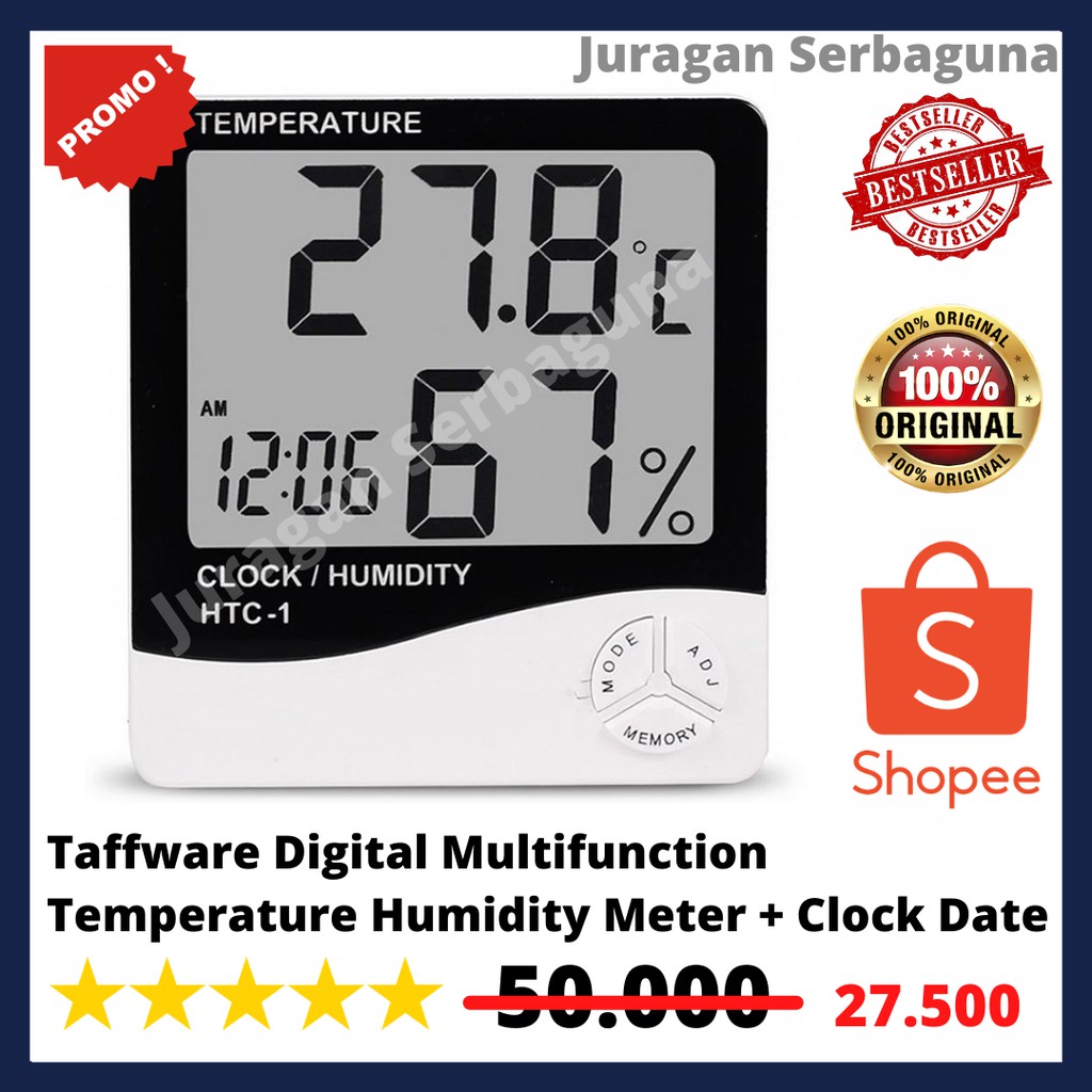 Taffware Digital Multifunction Temperature Humidity Meter + Clock Date Calender - HTC-1 - White