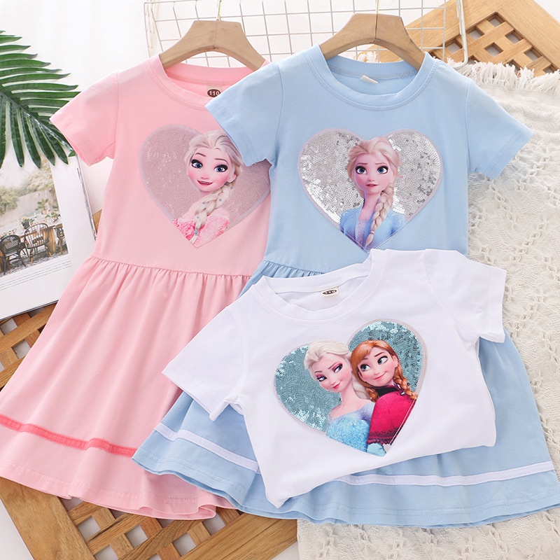 Dress Frozen Anak Perempuan Disney Elsa Anna Lengan Pendek Katun Motif Kartun Karakter Import