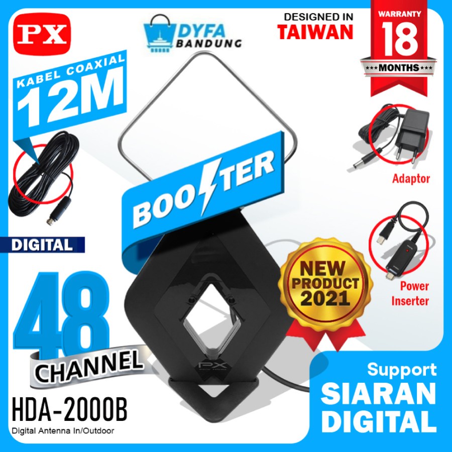 Antena TV Digital Analog Booster Indoor Outdoor + 12Meter PX HDA-2000B