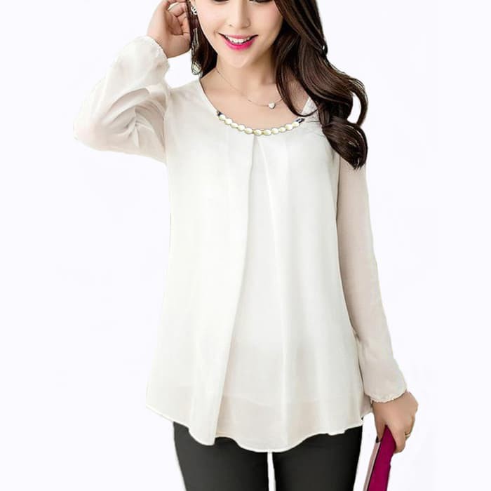 Blus Model Korea Variasi Kalung - Putih, M