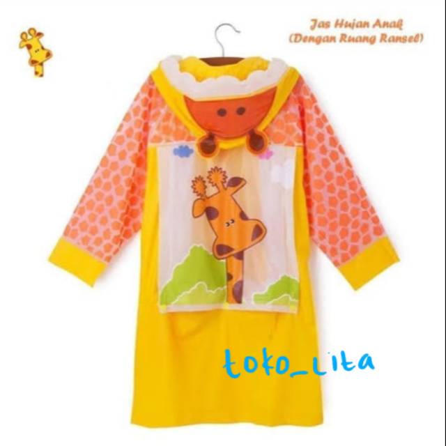 Jas Hujan Anak Terusan GIRAFFE/JERAPAH KUNING (ruang ransel JERAPAH)