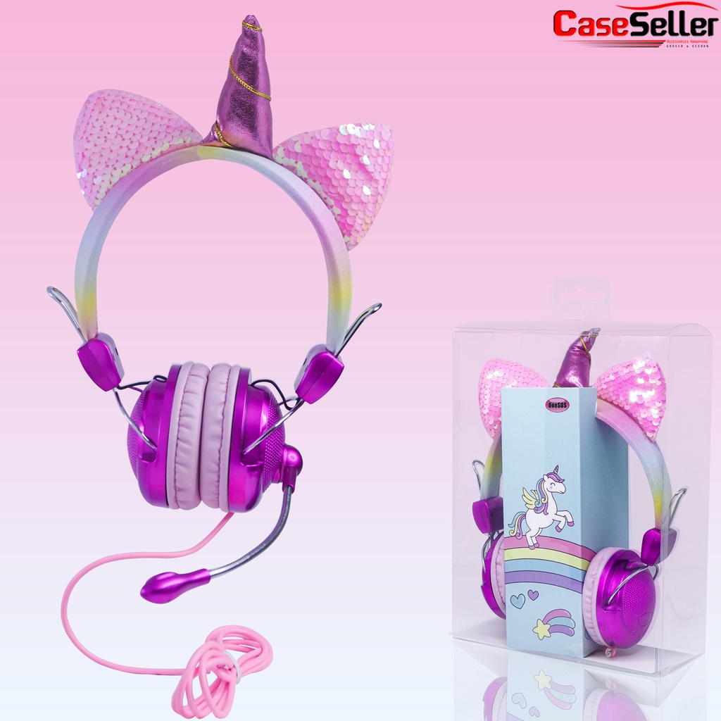 Headphone Unicorn OS Diamond + Mic Candy Glitter Bando Glamor Headset Anak Headphone Bass Lucu Bertanduk CaseSeller