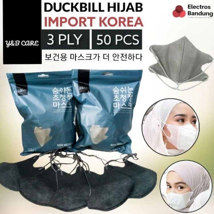 MASKER DUCKBILL HIJAB ISI 50 HEADLOOP Y&B CARE 3D EARLOOP DEWASA IMPORT KOREA ORIGINAL - MASKER DUCK