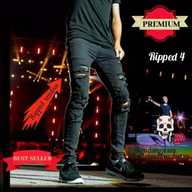 CELANA SOBEK PRIA RIPPED JEANS ROBEK HITAM SLIM FIT PREMIUM 27-38