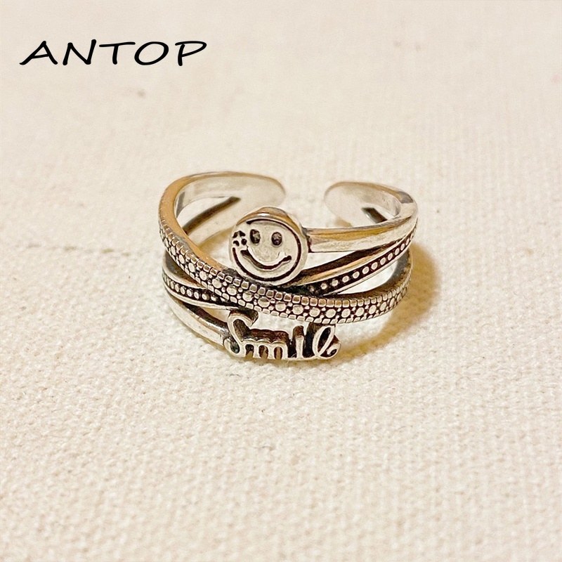 Smiley Surat Cincin Kepribadian Wanita Retro Pembukaan Adjustable Pasangan Cincin Perhiasan  ANTOP