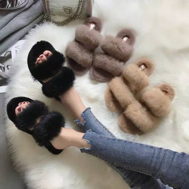 sandal bulu rafsur sandal ban dua bulu sandal teplek wanita sandal rumah