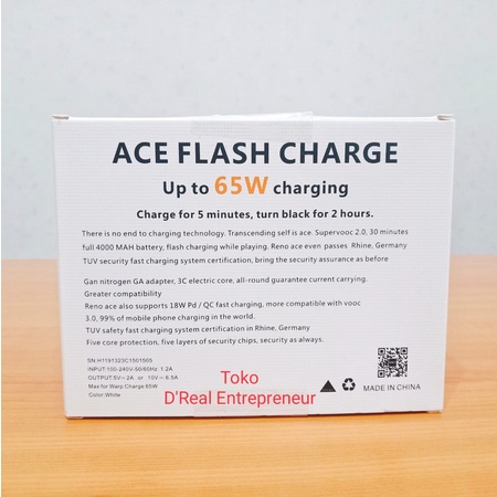 Charger OPPO Reno Ace 65W Type C Fast Charging Original 100% Super Fast Charging