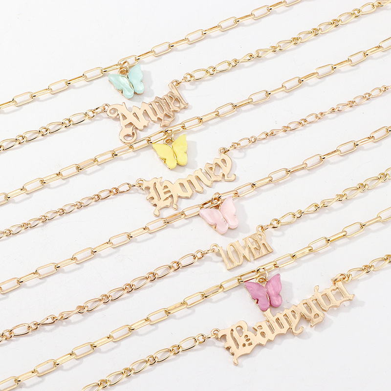 Fashion Acrylic Butterfly Necklace Double Layer Angel Babygirl Honey Lover Letter Pendant