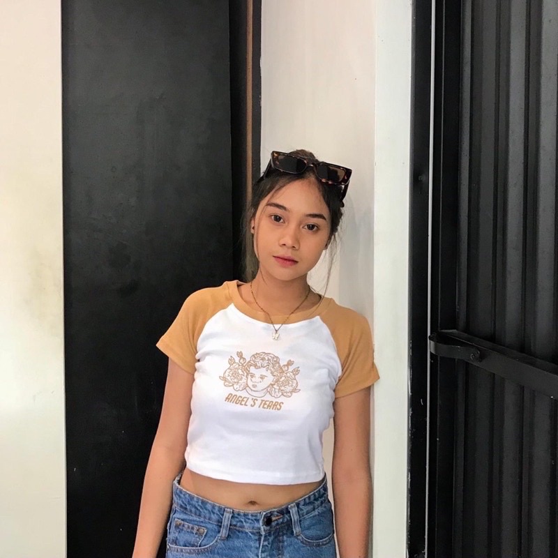 BEFAST - ZEC OOTD Wanita Kaos Crop AIME / Crop Tee Angel Tears | Crop Top Raglan (LD 88, P 45) / Atasan Crop Wanita / Kaos Kekiniaan Remaja Wanita / Crop Top Viral / Tshirt Lengan pendek / Terbaru 2022 / Kaos Crop Top Ala Korean Style