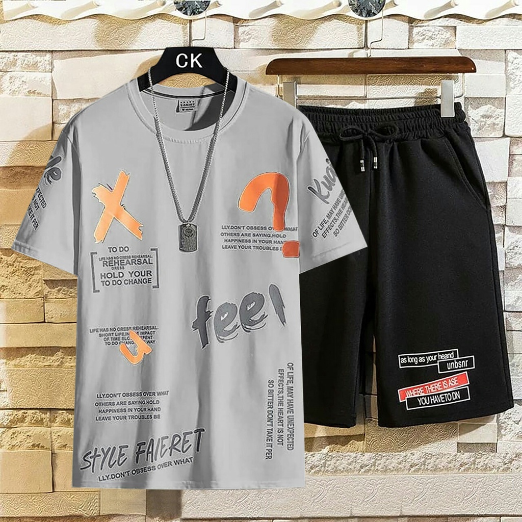 BISA COD// pakaian pria terbaru size L,XL baju&amp;celana 1 stel fashion pria keren stelan pria terlaris stelan fee - panteloni