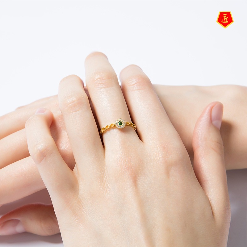 [Ready Stock]Diamond Emerald Hollow Pattern Ring Gold Simple