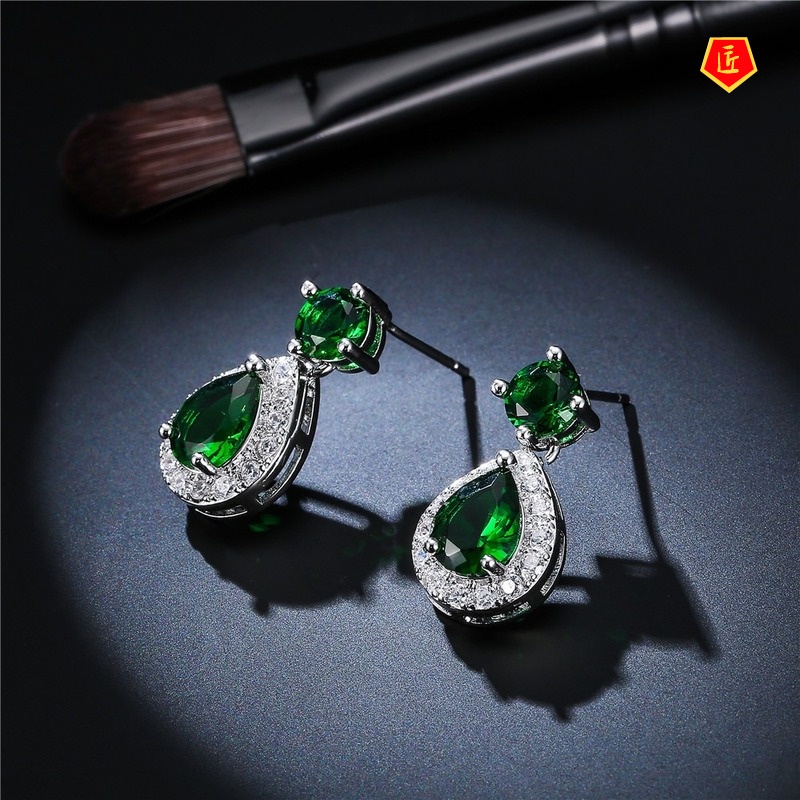 [Ready Stock]Fashion Elegant Diamond Green Crystal Stud Earrings