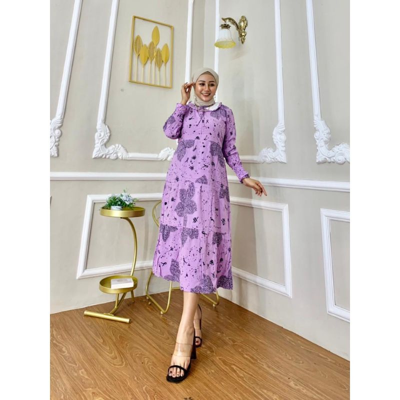 Midi dress Motif Bunga Rempel susun tali belakang