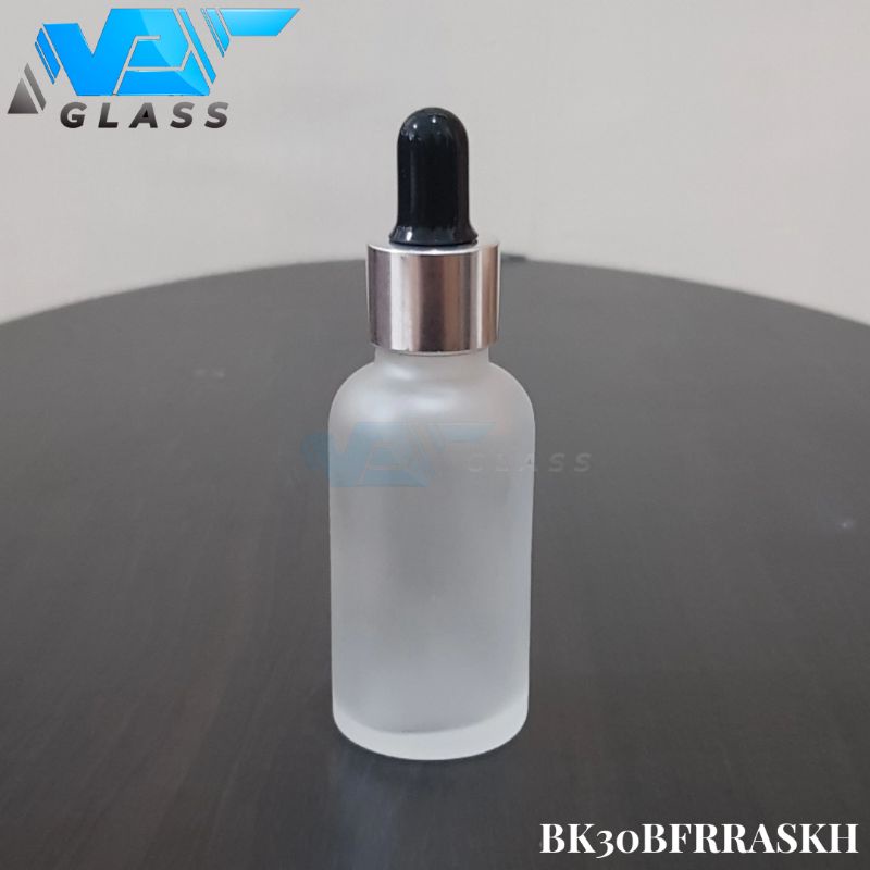 botol kaca pipet 30ml bening frosted doff - ring almunium silver