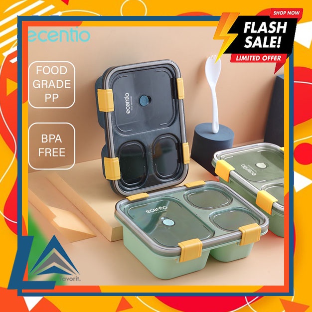 Kotak Makan Ecentio 3 Grid / 4 Grid Gratis Sendok Garpu Makan - Kotak Makan Anak Lunch Box Ecentio 3