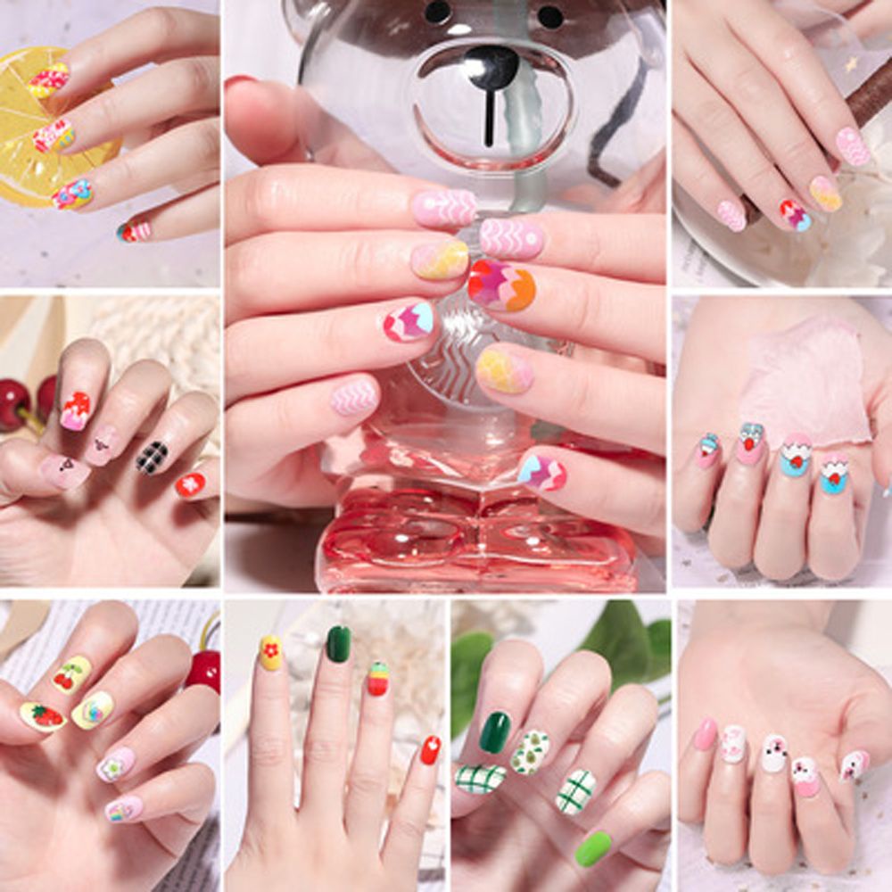 Mxbeauty 24pcs / Set Kuku Palsu Anak Perempuan Motif Kartun Bunga Warna-Warni Untuk Dekorasi Manicure Diy