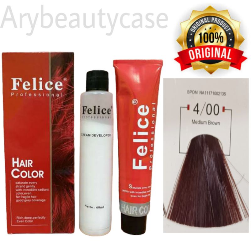 Felice Hair color 4.00 Medium Brown Cat rambut + oxidant pewarna Rambut 4/00