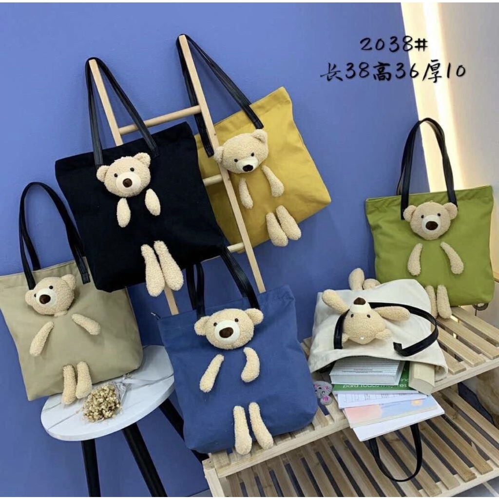 Tas Tote Bahu Shoulder Bag Wanita Berdiri Ukuran Besar Boneka Beruang Bear Lucu Kanvas Impor 2038#