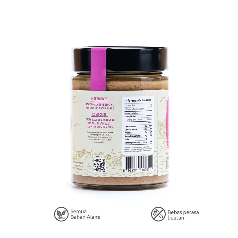 Sincere Foods Almond Butter Unsweetened Organic Selai Kacang Almond Tanpa Gula 300gr